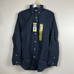Navy Blue Leaf Print Long Sleeve Button-Down Career Dress